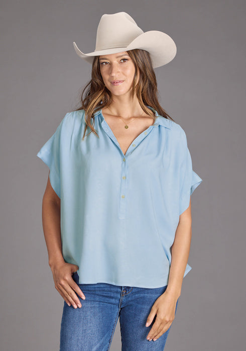 Stetson Womens 2437 1/2 Button Placket Powder Blue 100% Rayon S/S Blouse