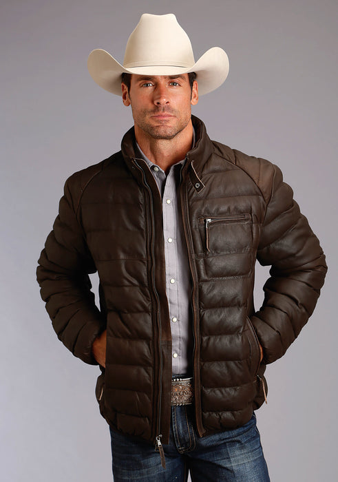 Stetson Mens Quilted Puffy Dark Brown Leather Leather Jacket