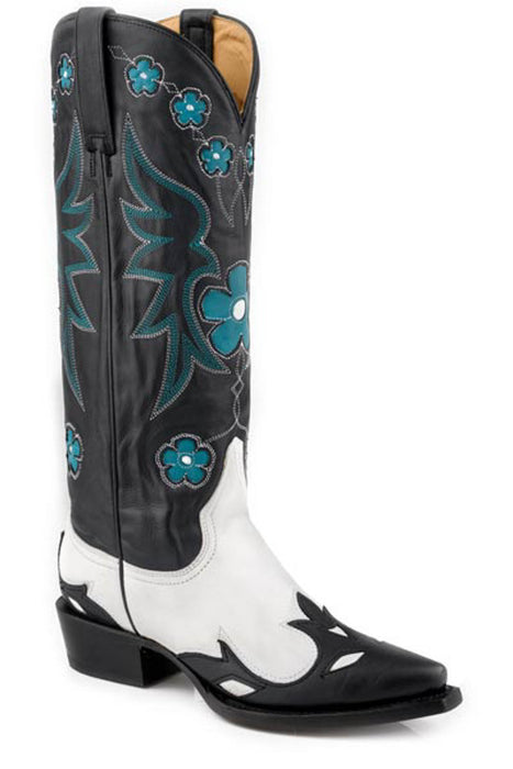 Stetson Womens Ariana 15in Black/White Calf Leather Flower Cowboy Boots