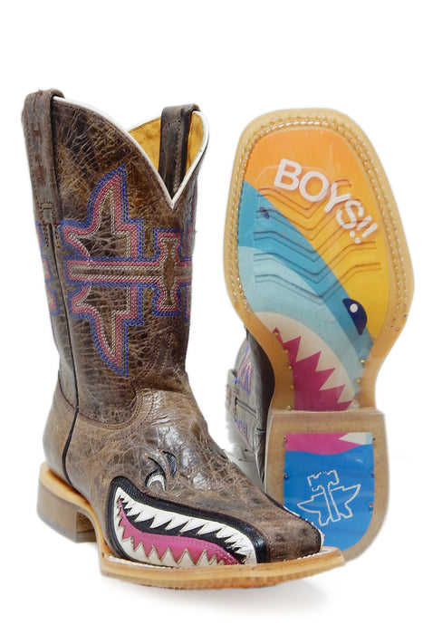 Tin Haul Kids Unisex Jawsome I Dont Bite Brown Leather Cowboy Boots
