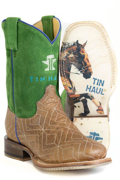 Tin Haul Kids Unisex Gridlock Ride Em Brown/Green Leather 8in Cowboy Boots