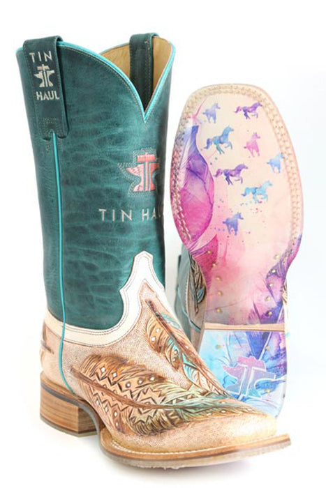 Tin Haul Womens Birds Of A Feather Turquoise/Tan Leather Cowboy Boots