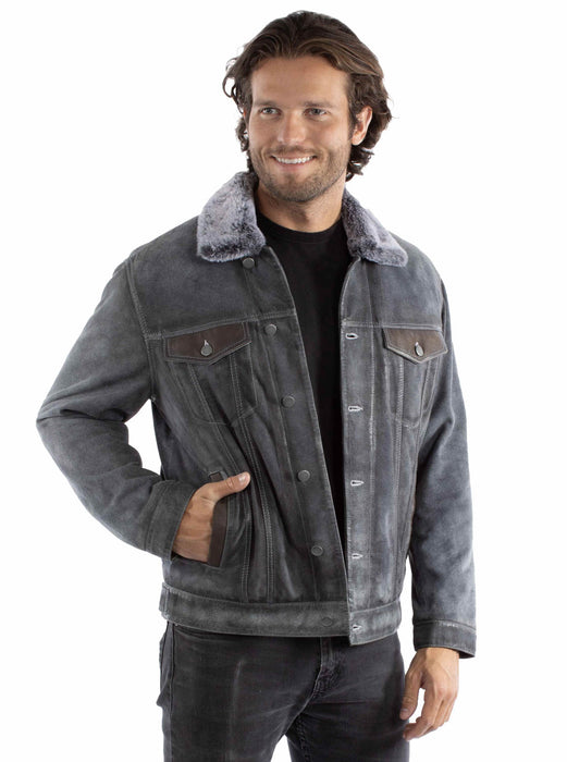 Scully Mens Faux Fur Lining Jean Blue Leather Leather Jacket
