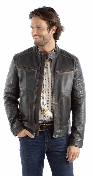 Scully Mens Cafe Racer Zip Black Leather Leather Jacket