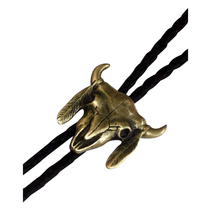 Rockmount Brass Faux Leather Steer Skull with Feathers Bolo Tie OS