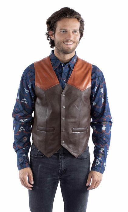Scully Mens 5 Snap Front Classic Chocolate/Cognac Lamb Leather Leather Vest
