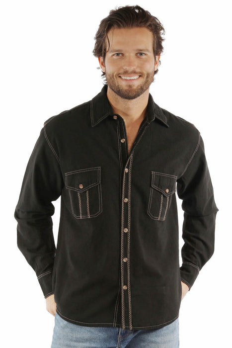 Scully Mens Western Contrast Stitching Black 100% Cotton L/S Shirt