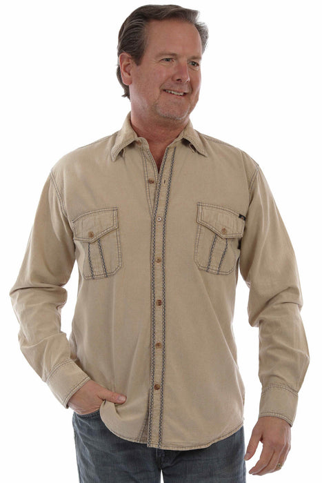 Scully Mens Western Contrast Stitching Stone 100% Cotton L/S Shirt