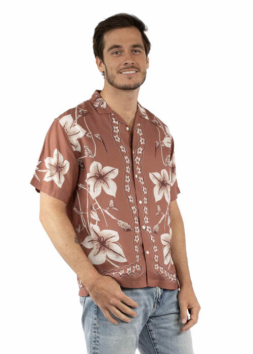 Scully Mens Hawaiian Orchid Print Brown 100% Viscose S/S Shirt