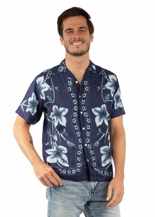 Scully Mens Hawaiian Orchid Print Navy 100% Viscose S/S Shirt