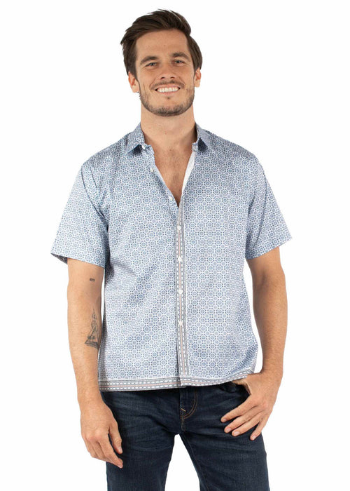 Scully Mens Geometric Button Placket Blue 100% Cotton S/S Shirt
