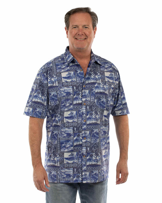 Scully Mens Hawaiian Scenery Blue 100% Cotton S/S Shirt