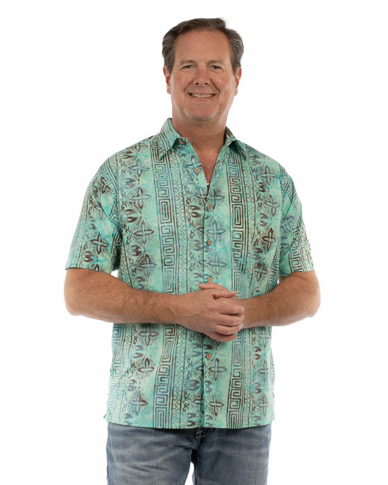 Scully Mens Batik Tiles Teal 100% Cotton S/S Shirt