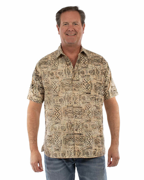 Scully Mens Batik Tiles Sand 100% Cotton S/S Shirt