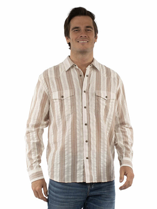 Scully Mens Western Stripe Seersucker Tan 100% Cotton L/S Shirt