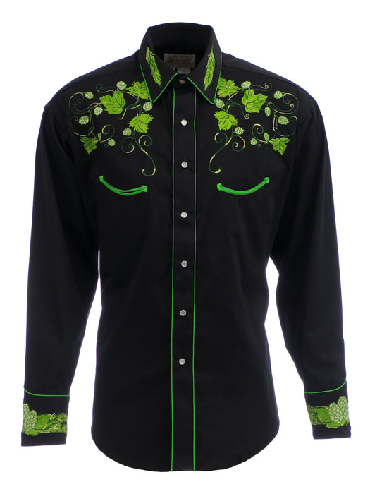 Rockmount Mens Black 100% Cotton L/S Western Shirt Vintage Hops Embroidered
