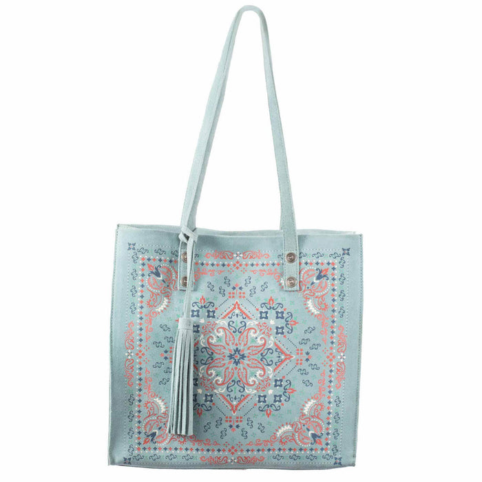 Scully Womens Artisan Print Carryall Turquoise Leather 13x13x4.5in Tote Bag