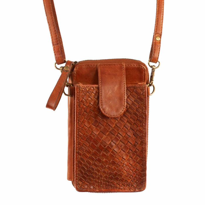 Scully Womens Small Woven Essentials Cognac Leather 4x7x1.75in Crossbody Bag