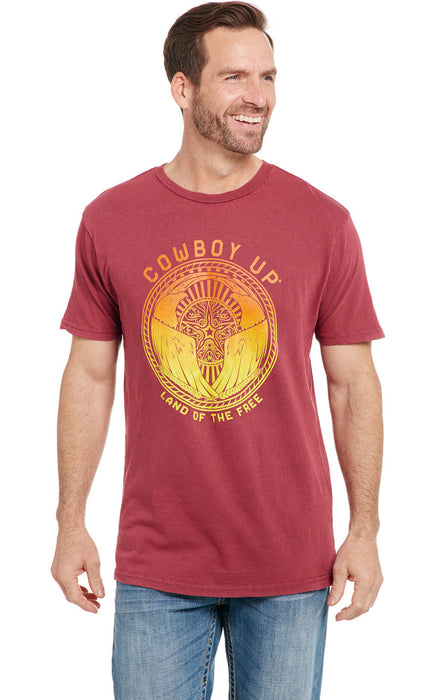 Cowboy Up Mens Land Of The Free Vintage Red 100% Cotton S/S T-Shirt