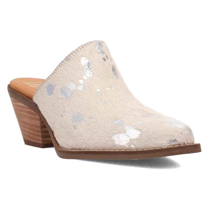 Dingo Womens Cash Cow Silver Hair-on-Hide 2.5in Heel Mules Shoes