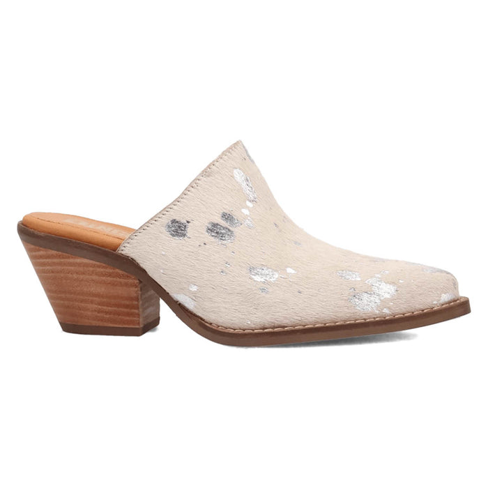 Dingo Womens Cash Cow Silver Hair-on-Hide 2.5in Heel Mules Shoes