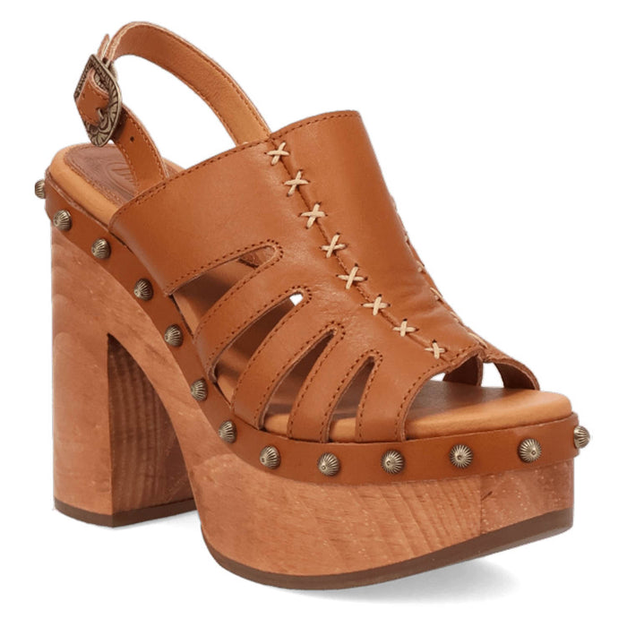 Dingo Womens Gema Wooden Tan Leather Stud Sandals Shoes