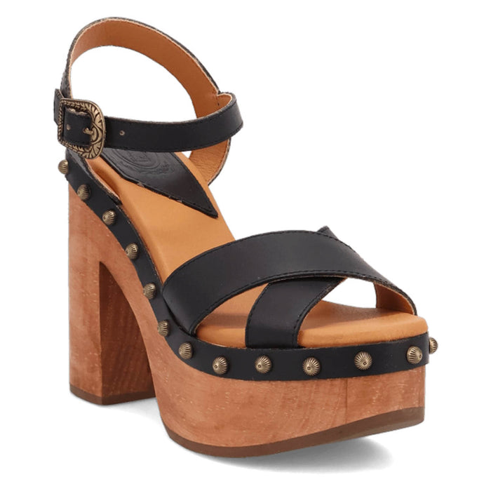 Dingo Womens Lotus Wooden Black Leather Stud Sandals Shoes