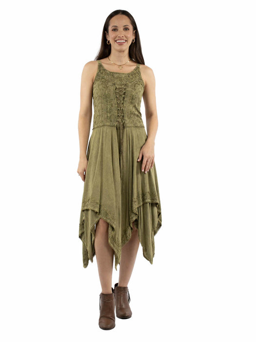 Scully Womens Hankerchief Hem Lace Up Olive 100% Rayon S/L Dress