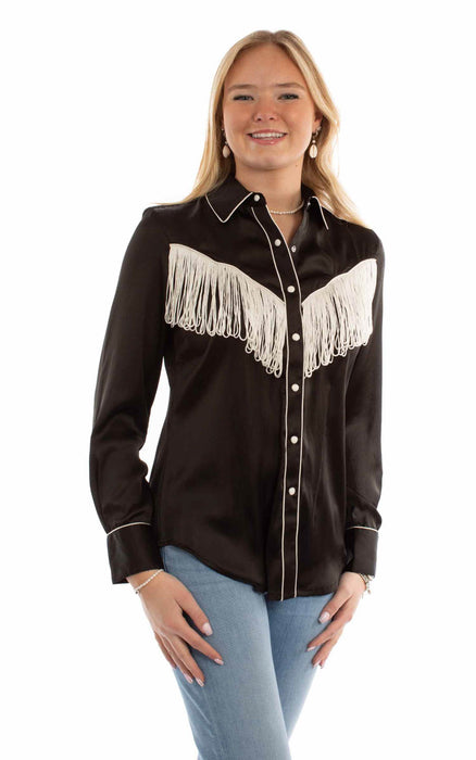 Scully Womens Retro Western Style Fringe Black 100% Polyester L/S Blouse