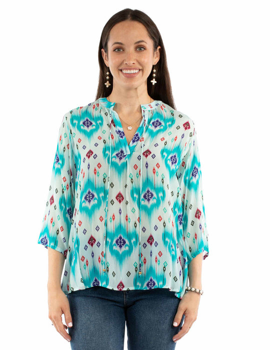 Scully Womens Vibrant Mandarin Collar Aqua Viscose 3/4 Sleeve S/S Blouse