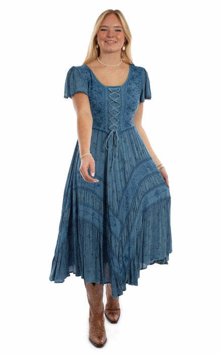 Scully Womens Fabric Lace-Up Tie Blue 100% Rayon S/S Dress