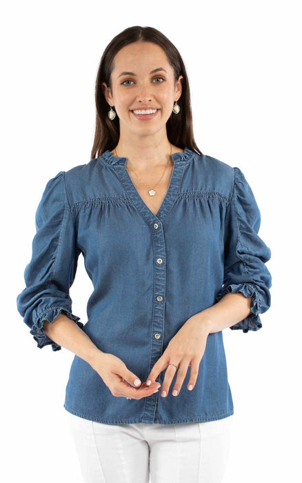 Scully Womens V-neck Ruffle Detail Blue Lyocell 3/4 Sleeve S/S Blouse