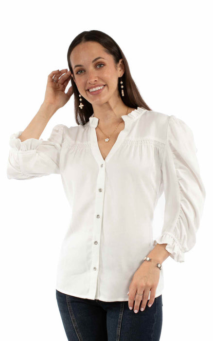 Scully Womens V-neck Ruffle Detail White Lyocell 3/4 Sleeve S/S Blouse
