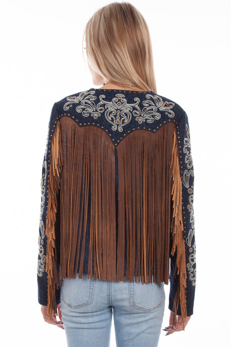 Scully Womens Denim Leather Beaded Fringe Jacket