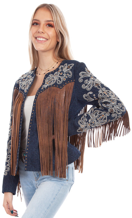 Scully Womens Denim Leather Beaded Fringe Jacket