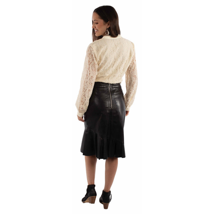 Scully Womens Belted Ruffle Black Leather Skirt