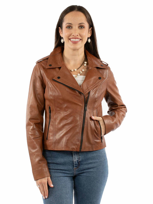 Scully Womens Wide Notched Collar Tan Lamb Leather Leather Jacket