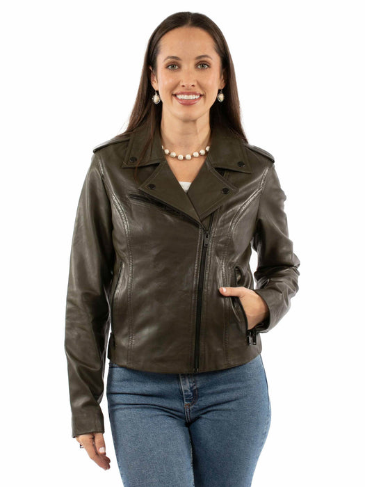 Scully Womens Wide Notched Collar Olive Lamb Leather Leather Jacket