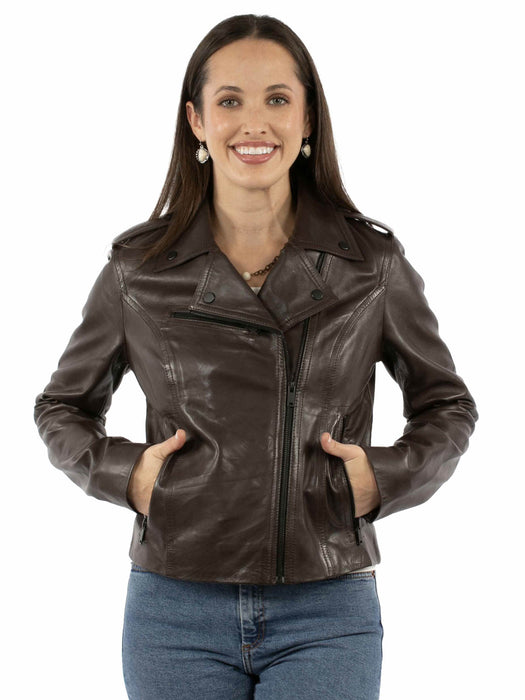 Scully Womens Wide Notched Collar Brown Lamb Leather Leather Jacket
