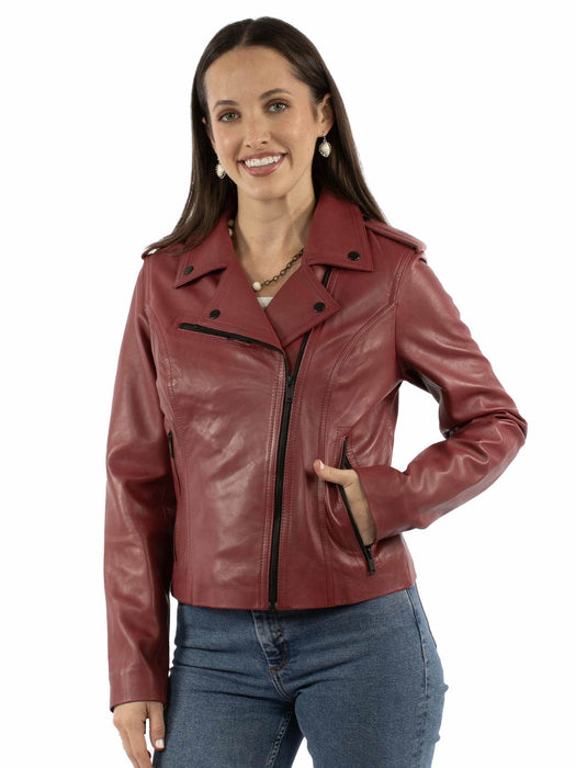 Scully Womens Wide Notched Collar Red Lamb Leather Leather Jacket