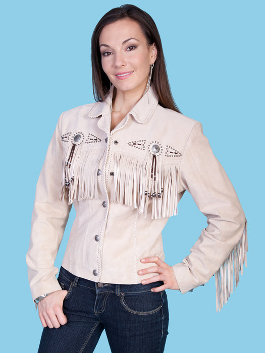 Scully Womens Fringe Yoke Beaded Sand Leather Leather Jacket