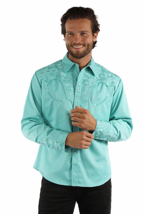 Scully Mens Floral Tooled Embroidery Caribbean Poly/Rayon L/S Shirt