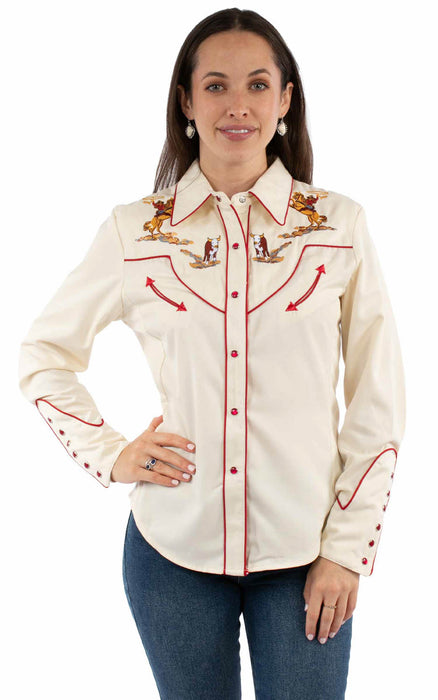 Scully Womens Cattle Roper Embroidery Cream Poly/Rayon L/S Shirt
