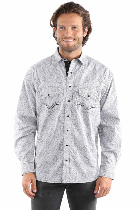 Scully Mens Signature Stripe Pick Stitch Grey 100% Cotton L/S Shirt