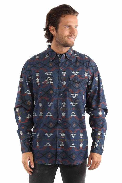 Scully Mens Southwest Aztec Blue 100% Cotton L/S Shirt
