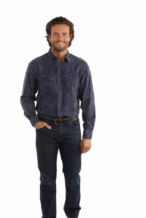 Scully Mens Overdyed Crackwash Dark Blue 100% Cotton L/S Shirt