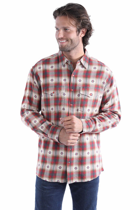 Scully Mens Dobby Yarn Dyed Red/Tan 100% Cotton L/S Shirt