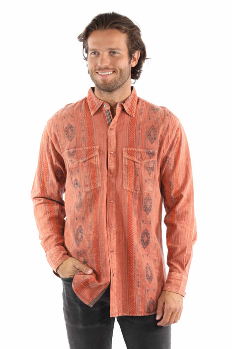 Scully Mens Jacquard Crack Wash Rust 100% Cotton L/S Shirt