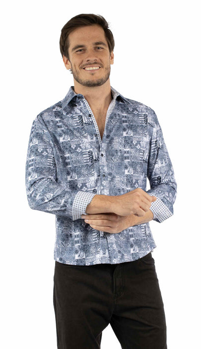 Scully Mens Polynesian Dress Blue Poly/Rayon L/S Shirt