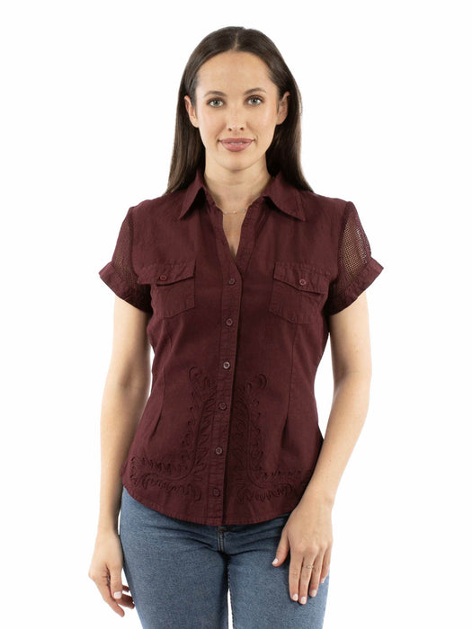 Scully Womens Mesh Cantina Burgundy 100% Cotton S/S Shirt